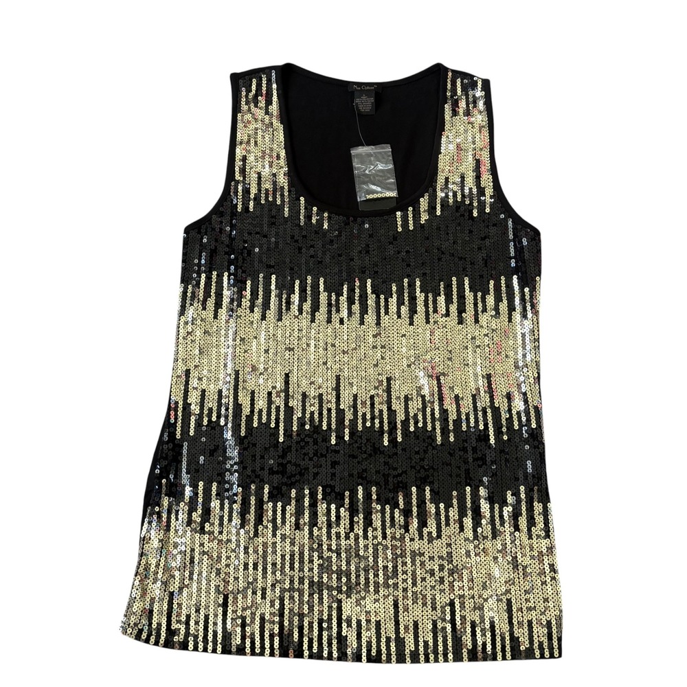 Nue Options Y2K Sequin Tank Top Black Gold Champagne Sparkle L NWT Glam Party
